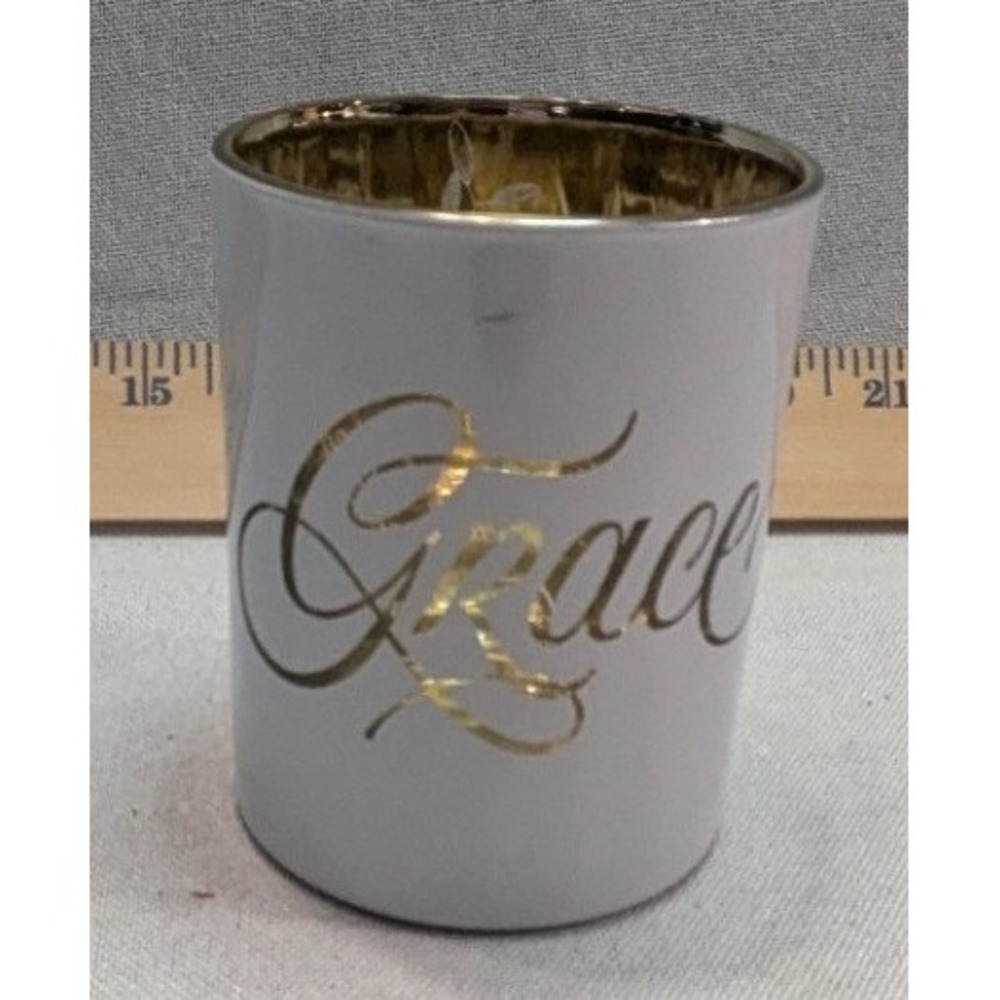 Grace Titus 2:11 Scripture Votive Holder White Gold Ceramic Religious Excellent